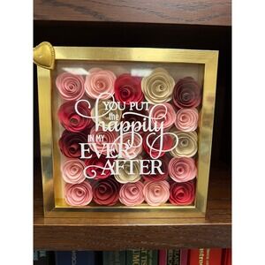 Happily Ever After Shadow Box Wall Art Gold Frame Love Quote Roses Decor